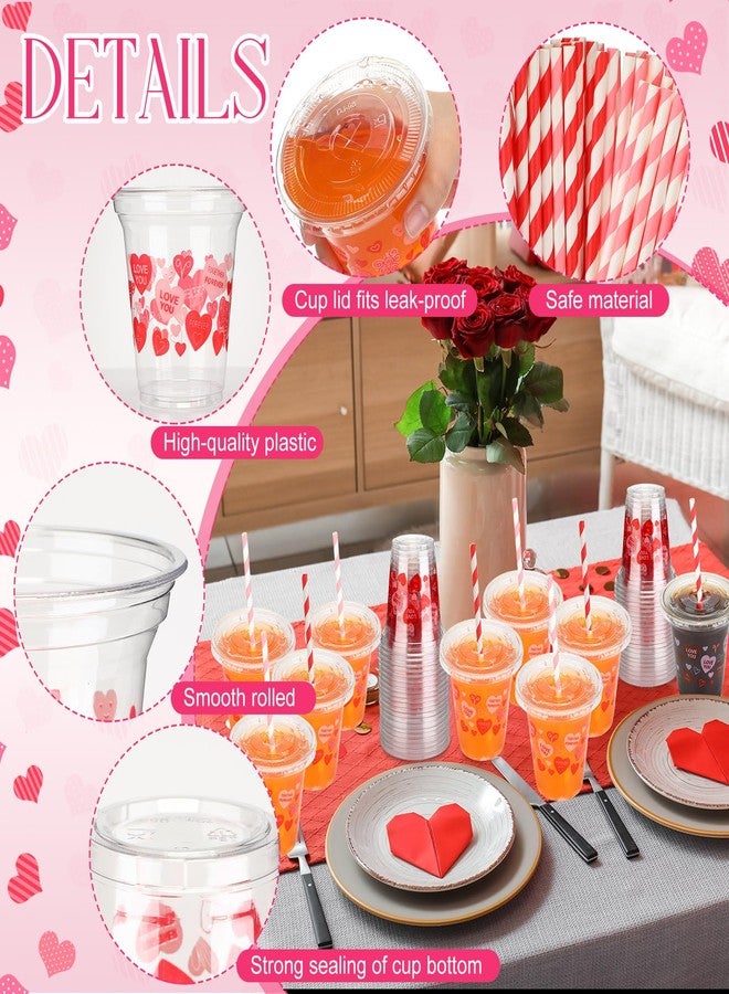 Ferrochef 50 Set 12 oz Valentine's Day Disposable Plastic Cups with Lids and Paper Straws Pink Red Heart Love Cups for Beverage Drinking Hot Cold Coffee Wedding Birthday Anniversary Party Supplies - Image 3